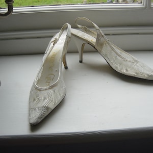 Fab Vintage 1950&#39;s 1960&#39;s Women&#39;s White Wedding Lace Sling Back Bridal Dancing Lotus Career Girl Mid Century Shoes Size 5