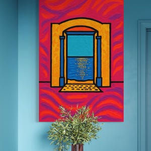 May include: A rectangular canvas painting featuring a vibrant red and purple textured background. In the center, a yellow arched doorway with blue pillars frames a blue sea view with a golden reflection. A black-dotted threshold sits at the base.
