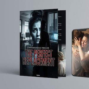 Op de afbeelding: Een boek getiteld The Perfect Replacement met een omslag met een angstig persoon en een silhouet, naast een smartphone die twee mensen toont die elkaar omhelzen. De boekomslag bevat de tekst A Psychological Thriller.