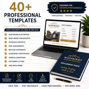 May include: A digital marketing graphic for 40+ professional roofing templates. The image displays a laptop showing a Mastercraft Roofing Services quote summary, a matching dark blue document folder, and a black pen on a white surface.