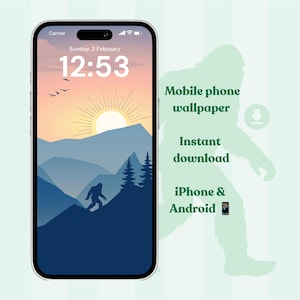 May include: A smartphone displaying a digital wallpaper featuring a sunset over blue mountains, pine trees, and a silhouette of a creature. Text on the right reads: Mobile phone wallpaper, Instant download, iPhone & Android, with a download icon.