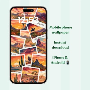 May include: A smartphone displaying a digital wallpaper composed of a collage of desert landscape scenes featuring cacti, mesas, and silhouettes of people on horseback at sunset, with the text "stay wild" and "adventure" visible.