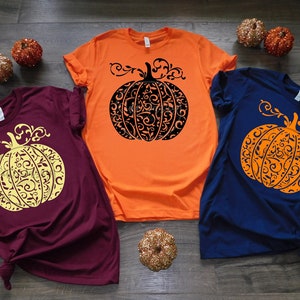Swirly Pumpkin Pattern Personalized Custom Fall Autumn Seasonal Bella Canvas 3001 Unisex Short Sleeve T-shirt Clothing Apparel