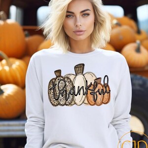 May include: White long-sleeve shirt with a pumpkin graphic and the word "Thankful". The graphic features three pumpkins in different colors and patterns. The background includes pumpkins and an orange truck.