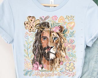 Half Jesus Half Lion of Judah Floral Easter Faith Holiday Festive Bella Canvas Short Sleeve T-shirt DTF