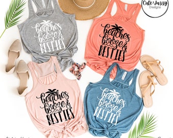 Beaches Booze & Besties Personalized Custom Bella Canvas 8800 Flowy Racerback Tank Top Clothing Apparel Summer Vacay Trip