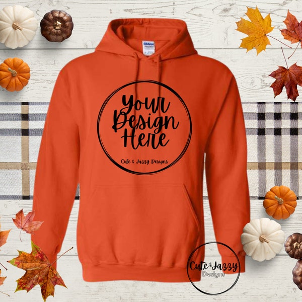 Digital Mockup Orange Fall Autumn Thanksgiving Gildan 18500 Heavy Blend Hooded Sweatshirt Holiday Festive Pumpkin Plaid Blanket Template