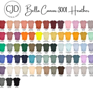 May include: A colour chart displaying numerous Bella Canvas 3001 Heather t-shirts in a wide variety of shades, including reds, pinks, oranges, yellows, greens, blues, purples, browns, greys, and blacks, each labelled with its specific colour name.