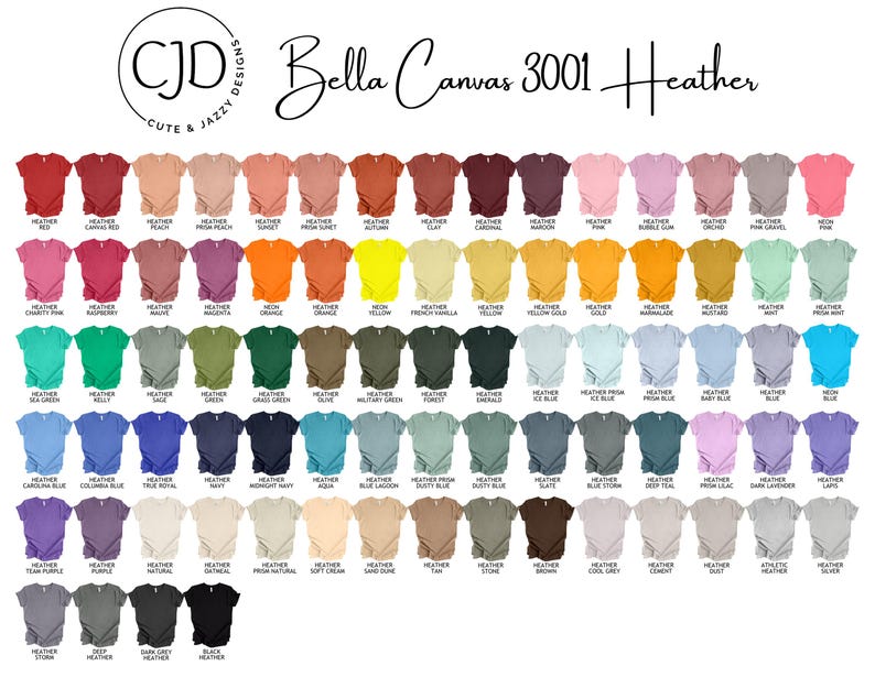 May include: A colour chart displaying numerous Bella Canvas 3001 Heather t-shirts in a wide variety of shades, including reds, pinks, oranges, yellows, greens, blues, purples, browns, greys, and blacks, each labelled with its specific colour name.
