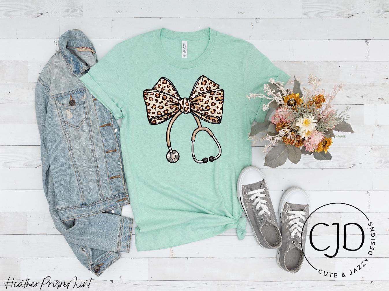 Leopard Print Coquette Nurse Bow Stethoscope Personalized Custom DTF Printed Design Bella Canvas 3001 Short Sleeve T-shirt Clothing Gift
