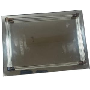 May include: A rectangular serving tray featuring a reflective mirrored base and a raised border constructed from clear, ribbed acrylic rods. The corners of the frame are secured with dark metallic connectors, creating a structured and polished appearance.