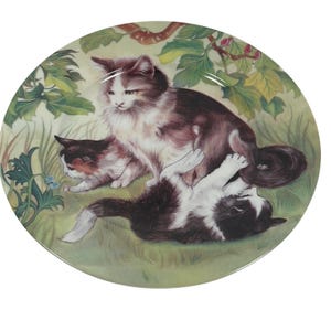 May include: A round decorative plate featuring a detailed illustration of three cats in a grassy garden setting. One cat sits upright while two others play in the foreground, surrounded by green leaves, branches, and a small blue butterfly.