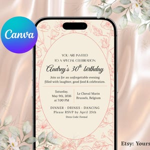May include: A digital invitation displayed on a smartphone screen featuring a cream background with a delicate pink floral line art border. The text reads: You are invited to a special celebration, Audrey's 30th birthday, Saturday, May 9th, 2026.
