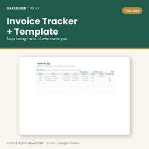Puede incluir: Una plantilla digital de seguimiento de facturas de Oakledger Studio. La imagen muestra el texto Invoice Tracker + Template, Stop losing track of who owes you, y un ejemplo de registro de facturas con columnas para número, cliente, fechas y estado.