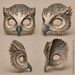 May include: A detailed owl mask featuring realistic brown, gray, and white feather textures, a sharp dark beak, and smooth eye openings. The mask is displayed from four different angles, with the text redmoonmasks@gmail.com visible on the side.