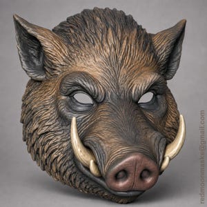 May include: A detailed boar mask featuring textured brown and black fur, pointed ears, and prominent curved ivory-colored tusks. The snout is a muted pinkish-brown tone with visible nostrils. The text redmoonmasks@gmail.com is printed vertically.