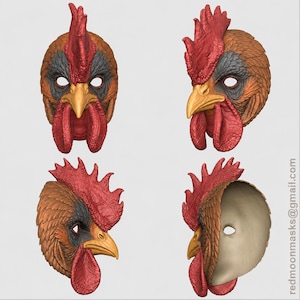 May include: A rooster mask featuring a textured red comb and wattle, a yellow beak, and brown and black feather detailing around the eye openings. The mask is shown from four different angles, including a view of the smooth, light-colored interior.