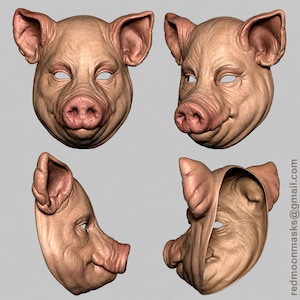 Pode incluir: Uma máscara de porco castanho-claro mostrada de quatro ângulos diferentes, incluindo vistas frontal, de três quartos, lateral e interior. A máscara apresenta uma textura de pele realista, orelhas grandes e um focinho. O texto redmoonmasks@gmail.com é visível na lateral.
