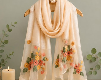 Foulard Brode Femme, Châle Organza Motif Fleur, Écharpe Invitee Mariage, Étole de Mariee Luxe, Cadeau Élégant Romantique pour Elle