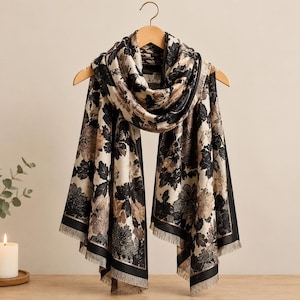 May include: A rectangular scarf featuring a repeating floral pattern in shades of black, cream, and metallic gold. The scarf has a solid black border along the edges and is finished with short, delicate fringe detailing at the bottom ends.