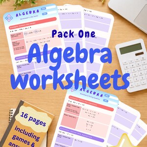 May include: A set of algebra worksheets featuring pink and purple color-coded sections for collecting like terms and solving equations. The pack includes 16 pages with games and answer keys, designed for students aged 11-14 years old, labeled as ADHD-friendly.