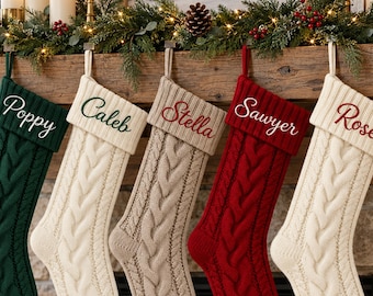 Personalized Knit Christmas Stocking with Name, Custom Family Embroidered Stockings, First Christmas Gift, Holiday Mantel Decor