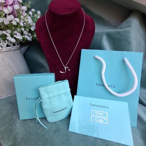 May include: A silver Tiffany & Co. necklace with a script letter pendant displayed on a dark red velvet bust, accompanied by a light blue branded gift box, a drawstring pouch, a shopping bag, and a silver polishing cloth with printed text.