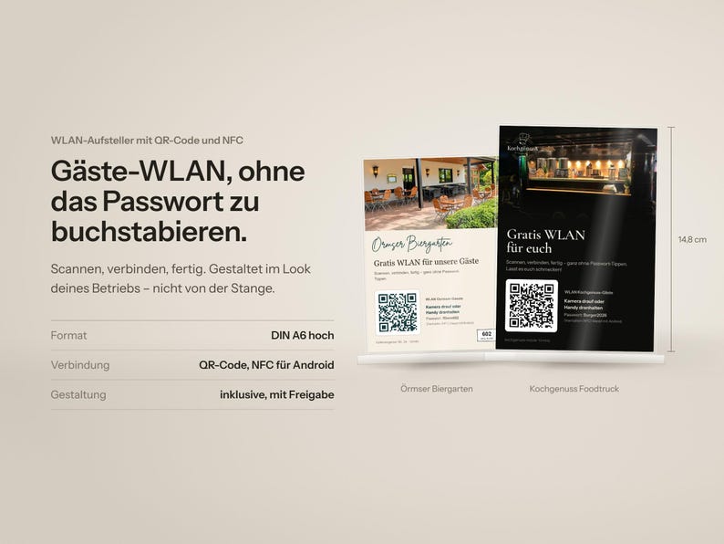 WLAN Aufsteller mit QR-Code & NFC, Gäste-Internet ohne Passwort, individuelles Design im Look deines Betriebs, Tischschild Café Restaurant Bild 1