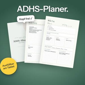 Könnte beinhalten: Ein digitales Planer-Set mit dem Titel ADHS-Planer mit Seiten für tägliche Aufgaben und Brain Dump. Die weißen Seiten enthalten Abschnitte für Mein Tag, Brain Dump und ADHS-Alltag. Ein gelber runder Aufkleber zeigt Ausfüllbar am Tablet und eine Sprechblase Kopf frei.