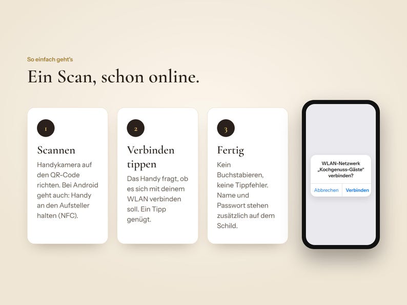 WLAN Aufsteller mit QR-Code & NFC, Gäste-Internet ohne Passwort, individuelles Design im Look deines Betriebs, Tischschild Café Restaurant Bild 3