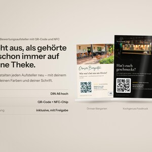 Google Bewertung Aufsteller mit QR-Code & NFC, individuelles Design im Look deines Betriebs, A6 Tischaufsteller für Café, Restaurant, Salon