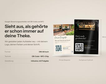 Google Bewertung Aufsteller mit QR-Code & NFC, individuelles Design im Look deines Betriebs, A6 Tischaufsteller für Café, Restaurant, Salon