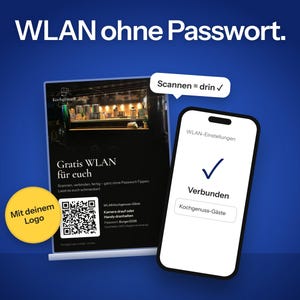 WLAN Aufsteller mit QR-Code & NFC, Gäste-Internet ohne Passwort, individuelles Design im Look deines Betriebs, Tischschild Café Restaurant