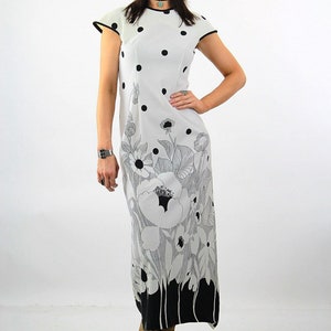 Vintage 70s dress formal White boho border print Medium