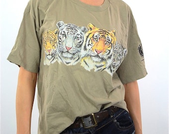 Camiseta de safari con animales, estilo vintage de los años 90, grunge, color beige, talla L