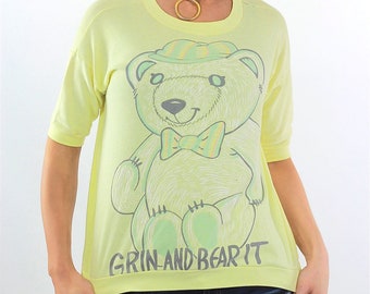 80s Teddy Bear Shirt custom Pastel yellow vintage graphic tee Medium