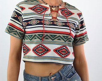 Tribal crop top 80s striped shirt short sleeve top lace up top Southwestern Boho ethnic red white Bohemian shirt native top abstract shirt S
