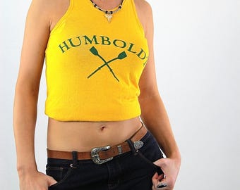 Sports shirt Graphic Humboldt racer back tank top Vintage 1970s Cropped top sleeveless tee Retro Mod Jersey Small