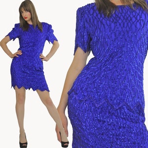 80&#39;s prom dress short blue sequin beaded Medium