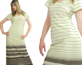 Striped mod maxi dress vintage 70s hippie  boho op art tee shirt dress short sleeve cream brown geometric  M medium