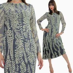 Vintage 90s floral dress blue Sheer border leaf design long sleeve Medium