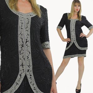 Black sequin dress  deco silver metallic Flapper party vintage 80s black beaded tunic dress  Medium M