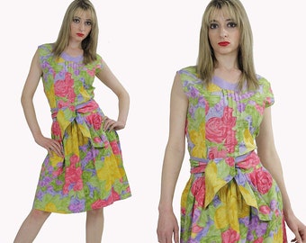 Vintage 80s neon floral cocktail party dress tropical garden party sundress M