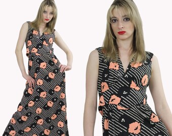 Vintage 70s floral dress boho maxi Poppy Print hippie mod sleeveless sundress high waist festival caftan S