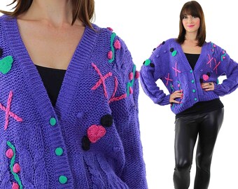 Cable knit Cardigan Applique Hand knit Purple floral sweater