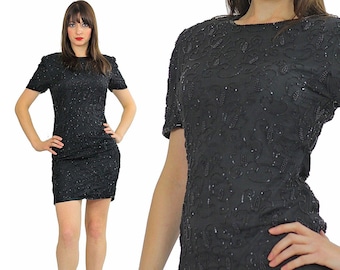 80s Deco Gatsby Black sequin beaded party mini dress S