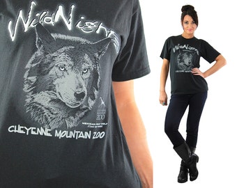 Wolf t-shirt Black graphic Wild nights tee Vintage 90s grunge goth animal print oversize retro hipster top Small