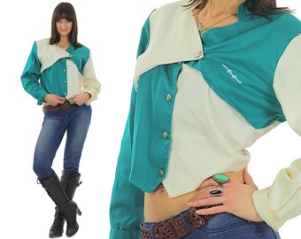 80s Crop top Cropped Jacket Patchwork jacket Color block jacket Cropped shirt Green jacket Mod Jacket Boho jacket Hippie Jacket Large