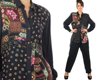 Vintage 80s floral jumpsuit harem pants beaded fringe tunic top pant suit