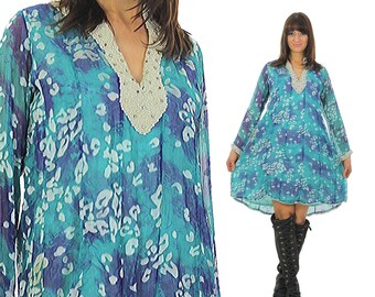 Boho dress vintage 70s abstract blue caftan dress  tunic tie dye hippie dress blue ombre silk bohemian festival dress  M/L medium large